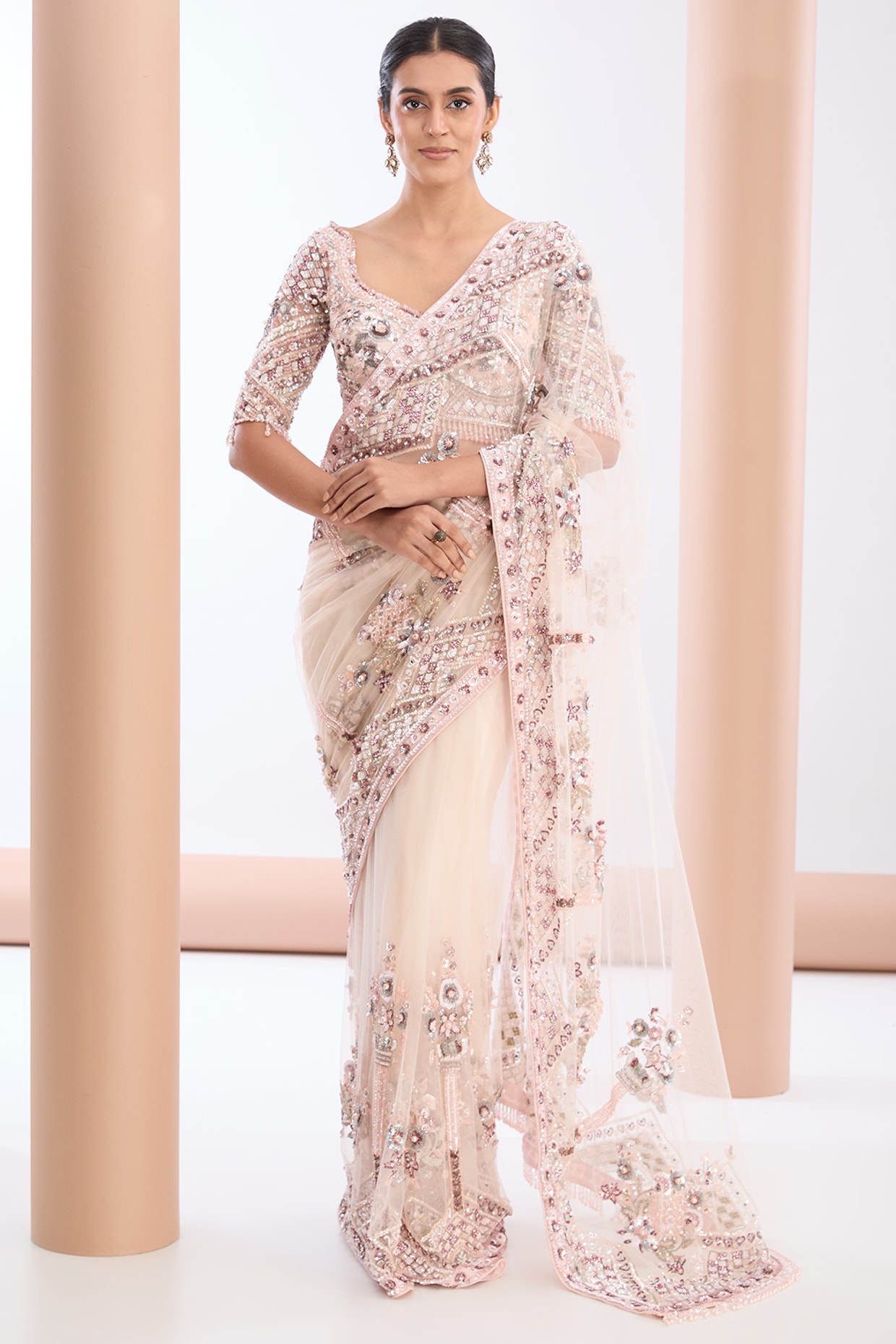 Light Pink Tulle Net & Crepe Crystal Embellished Reception Saree
