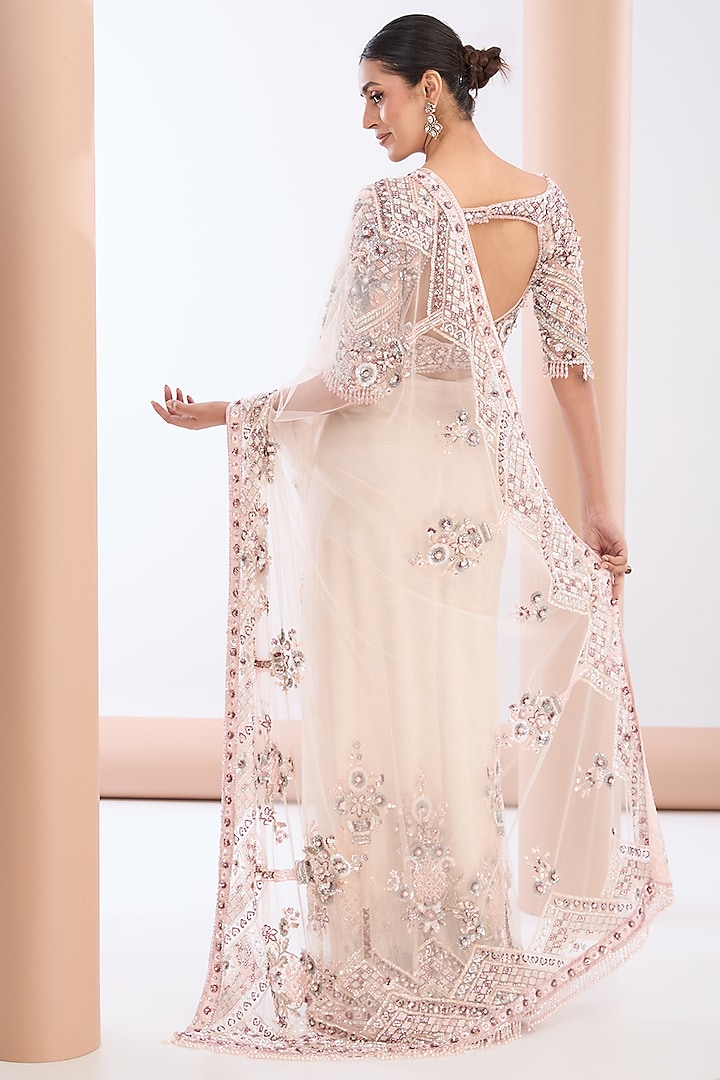 Light Pink Tulle Net & Crepe Crystal Embellished Reception Saree Set by OPUS ATELIER at Pernia's Pop Up Shop