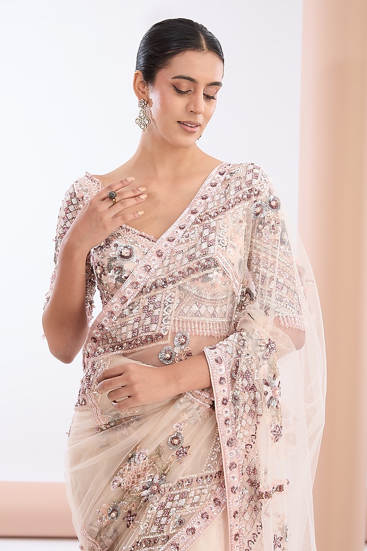 Light Pink Tulle Net & Crepe Crystal Embellished Reception Saree Set by OPUS ATELIER at Pernia's Pop Up Shop