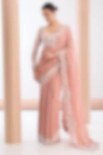 Peach Georgette & Crepe Pearl Embroidered Saree Set by OPUS ATELIER at Pernia's Pop Up Shop