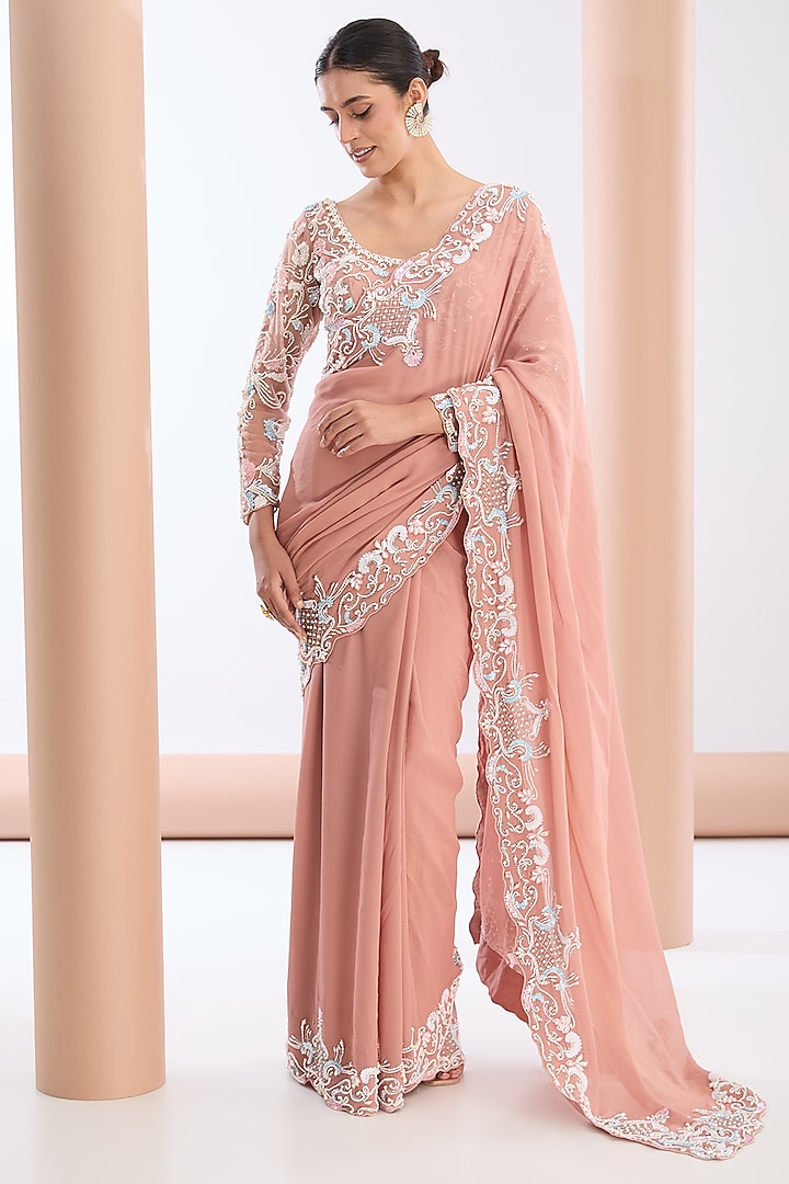 Peach Georgette & Crepe Pearl Embroidered Saree Set by OPUS ATELIER at Pernia's Pop Up Shop