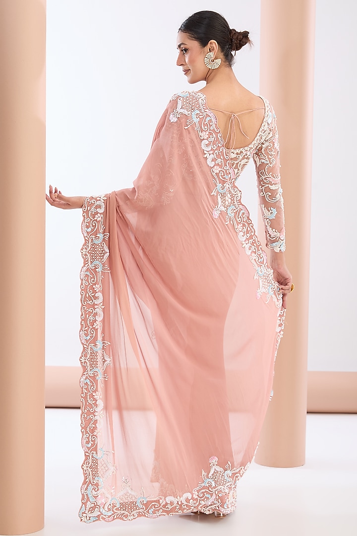 Peach Georgette & Crepe Pearl Embroidered Wedding Saree Set by OPUS ATELIER at Pernia's Pop Up Shop