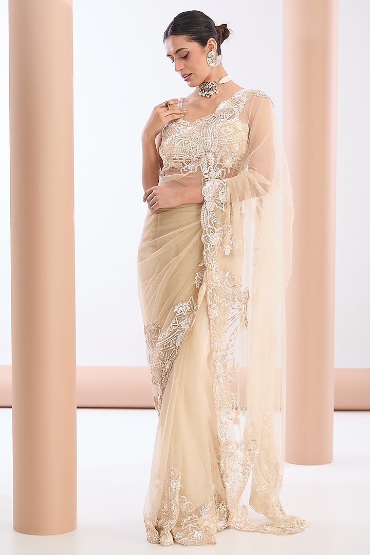 Ivory Tulle Net & Crepe Sequins Embroidered Saree Set by OPUS ATELIER at Pernia's Pop Up Shop