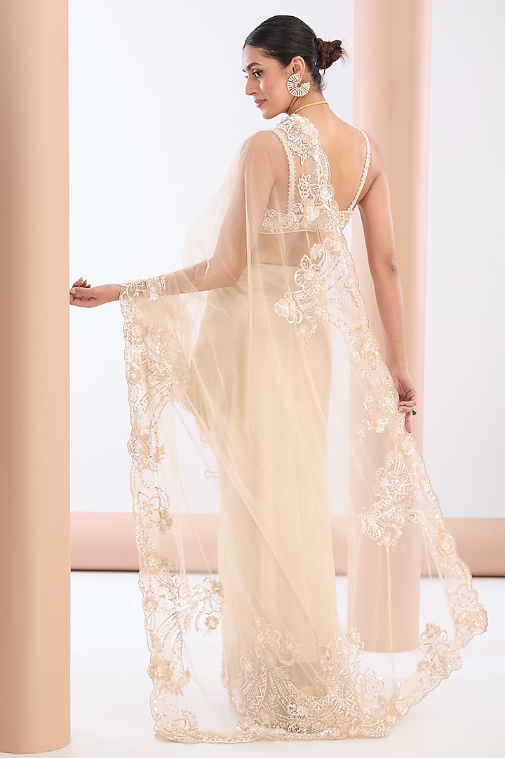 Ivory Tulle Net & Crepe Sequins Embroidered Wedding Saree Set by OPUS ATELIER at Pernia's Pop Up Shop