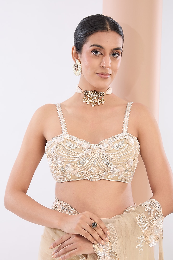 Ivory Tulle Net & Crepe Sequins Embroidered Wedding Saree Set by OPUS ATELIER at Pernia's Pop Up Shop