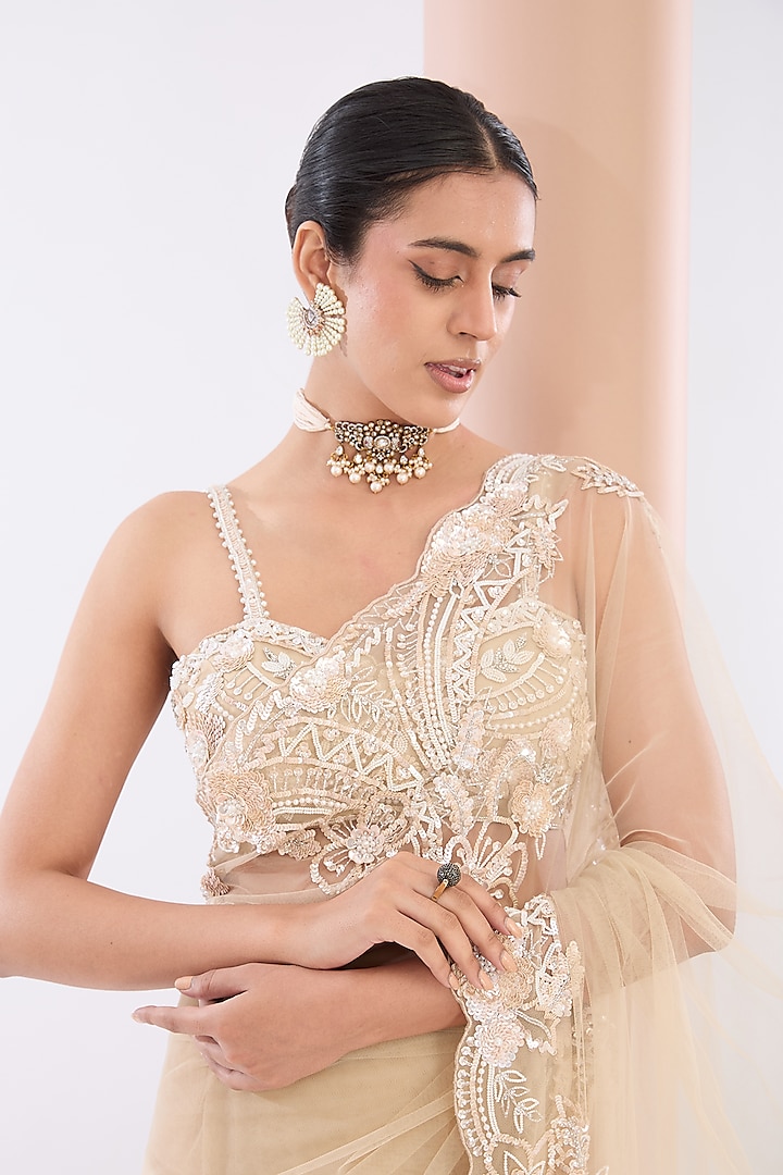 Ivory Tulle Net & Crepe Sequins Embroidered Wedding Saree Set by OPUS ATELIER at Pernia's Pop Up Shop