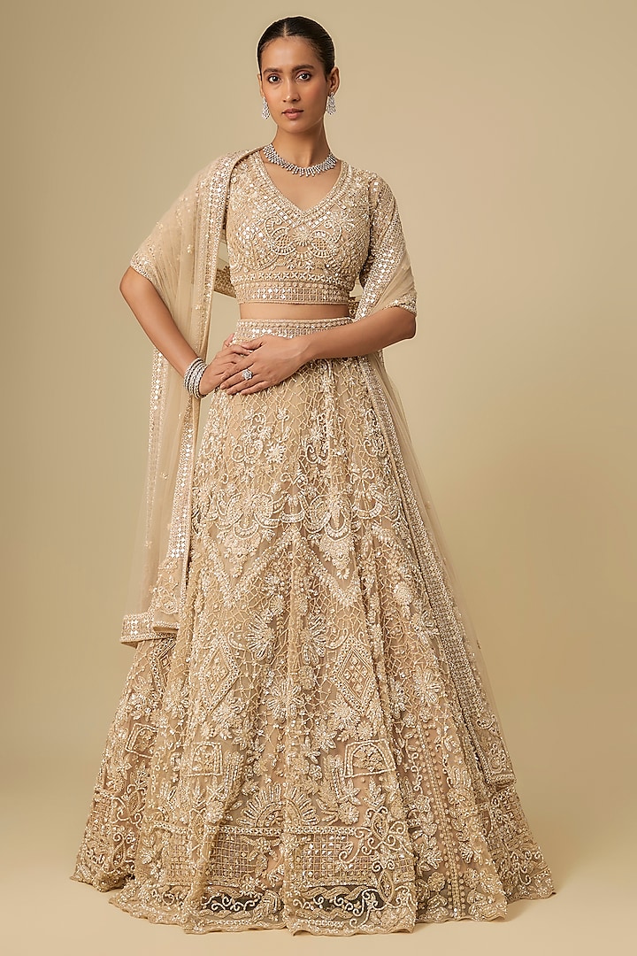 Beige Net Hand Embroidered Bridal Lehenga Set by OPUS ATELIER at Pernia's Pop Up Shop