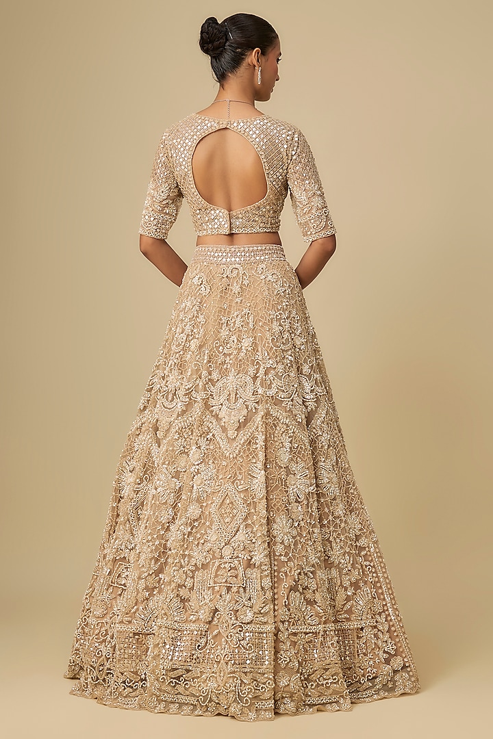 Beige Net Hand Embroidered Bridal Lehenga Set by OPUS ATELIER at Pernia's Pop Up Shop