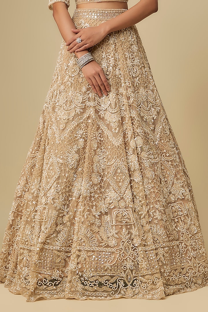 Beige Net Hand Embroidered Bridal Lehenga Set by OPUS ATELIER at Pernia's Pop Up Shop