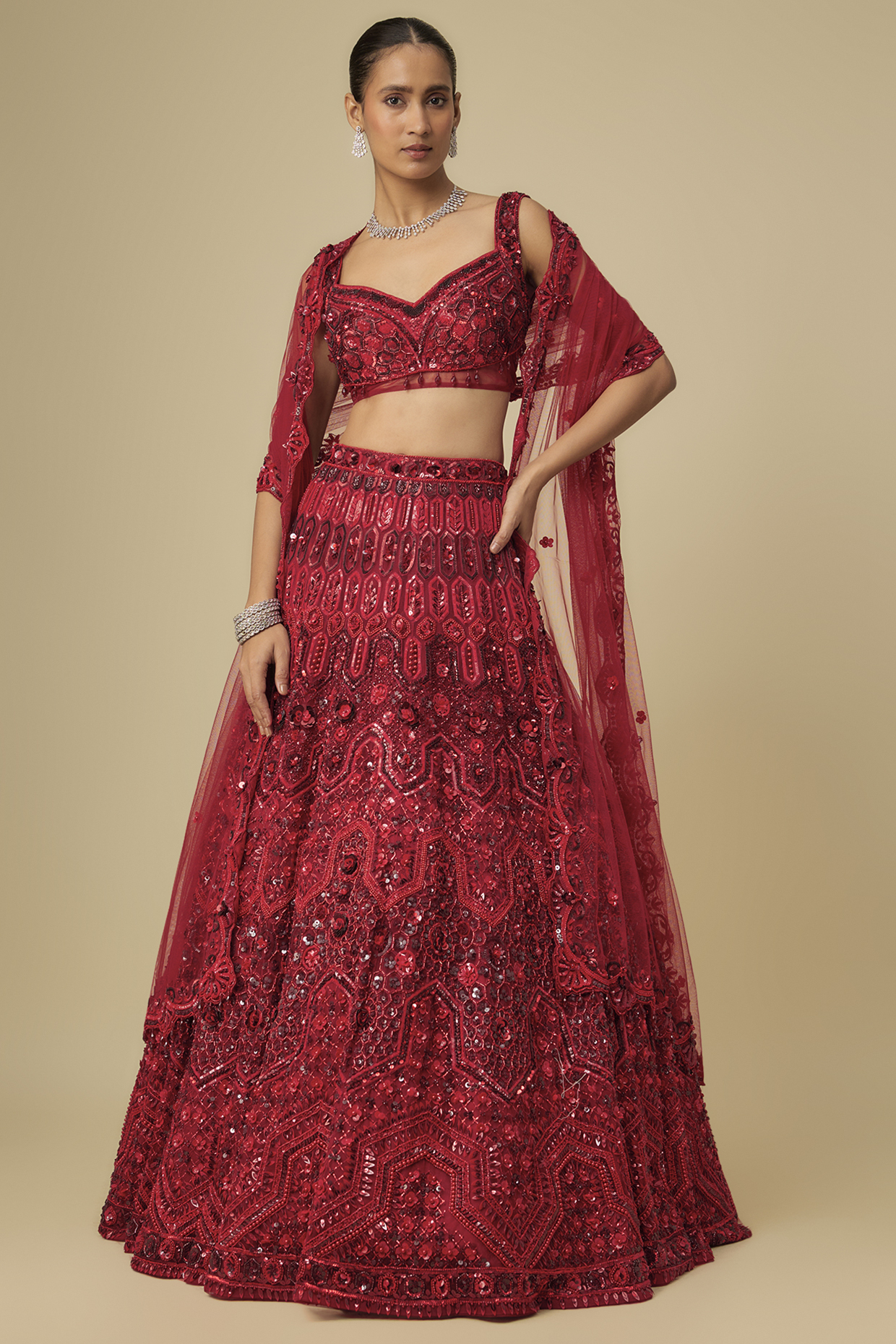 Deep Red Net Hand Embroidered Bridal Lehenga Set by OPUS ATELIER at Pernia's Pop Up Shop