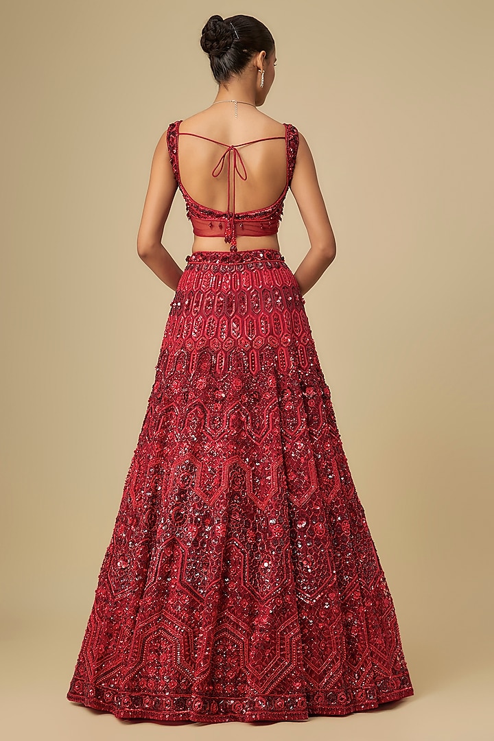 Deep Red Net Hand Embroidered Bridal Lehenga Set by OPUS ATELIER at Pernia's Pop Up Shop