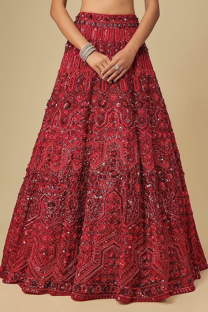 Deep Red Net Hand Embroidered Bridal Lehenga Set by OPUS ATELIER at Pernia's Pop Up Shop