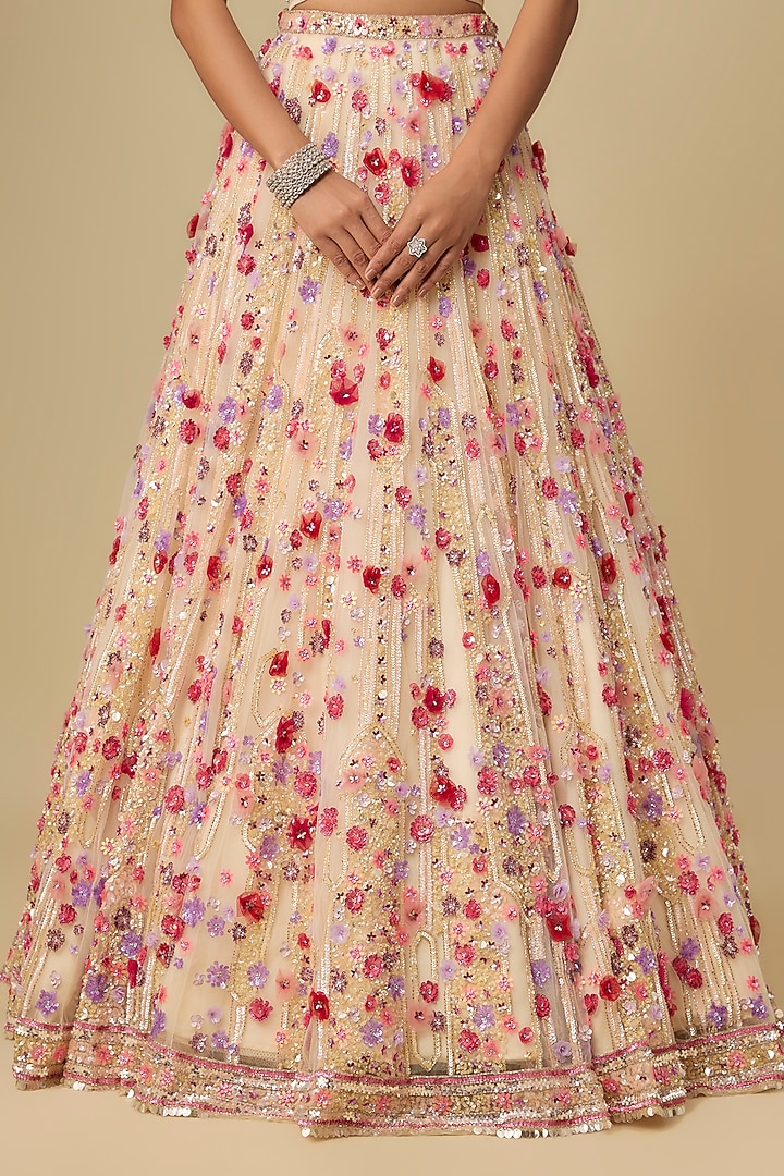 Ivory & Multi-Colored Net Hand Embroidered Bridal Lehenga Set by OPUS ATELIER at Pernia's Pop Up Shop