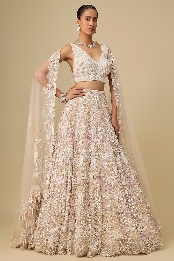 Ivory & Pink Net Hand Embroidered Bridal Lehenga Set by OPUS ATELIER at Pernia's Pop Up Shop