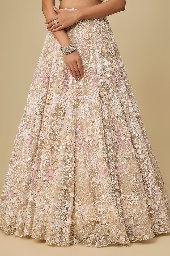 Ivory & Pink Net Hand Embroidered Bridal Lehenga Set by OPUS ATELIER at Pernia's Pop Up Shop