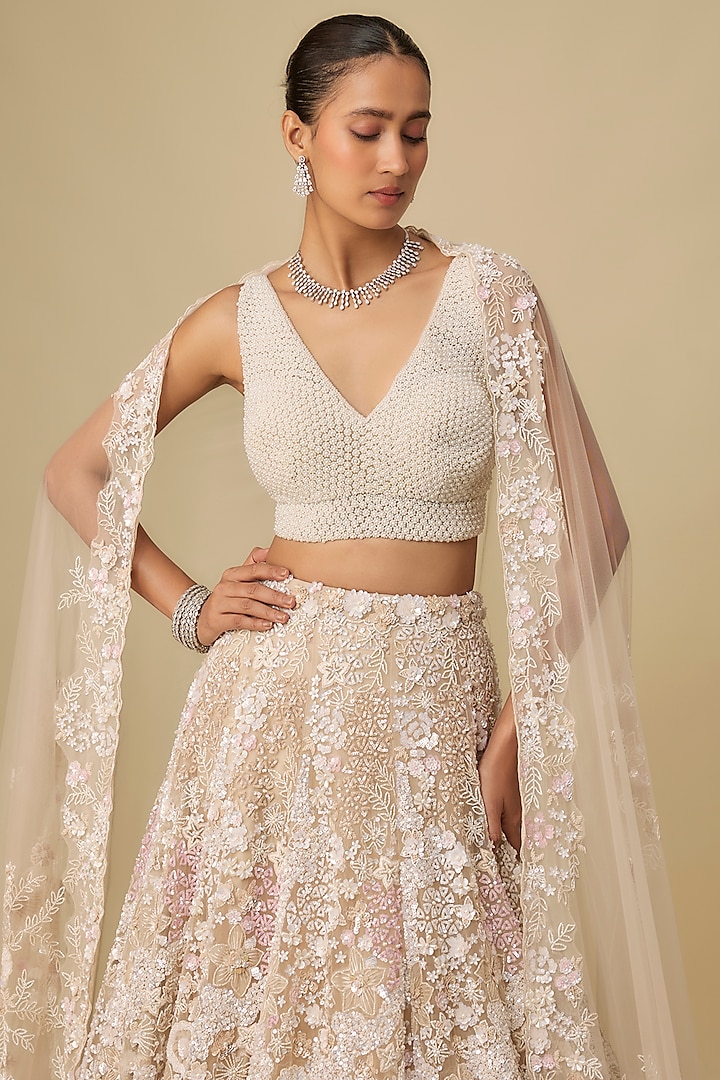 Ivory & Pink Net Hand Embroidered Bridal Lehenga Set by OPUS ATELIER at Pernia's Pop Up Shop
