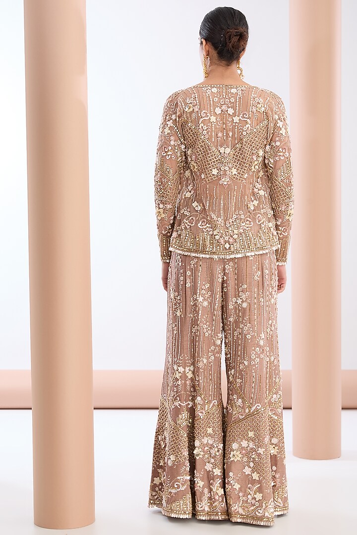 Dusty Mauve Tulle Net & Raw Silk Hand Embroidered Jacket Set by OPUS ATELIER at Pernia's Pop Up Shop