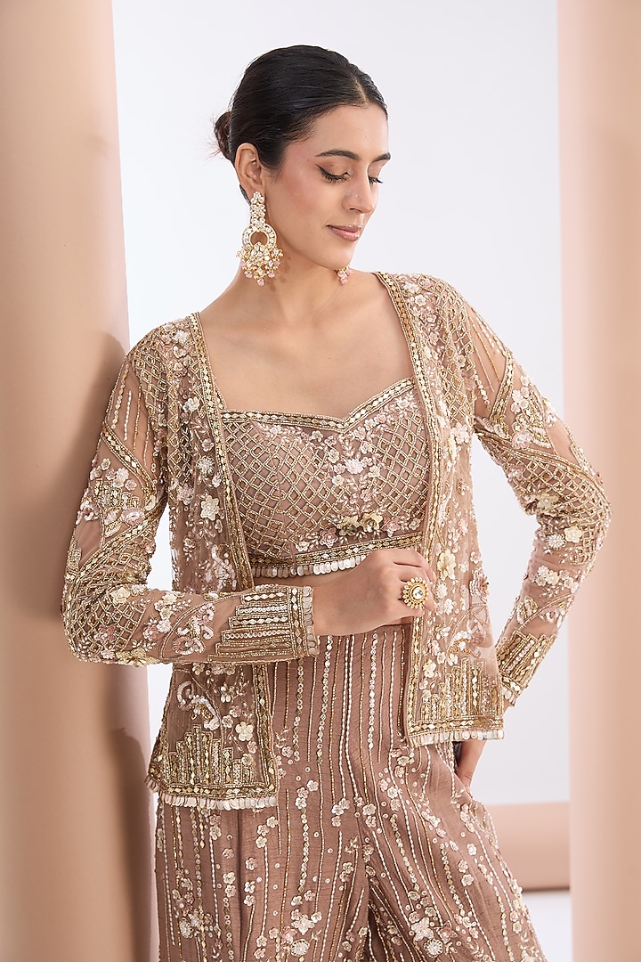 Dusty Mauve Tulle Net & Raw Silk Hand Embroidered Jacket Set by OPUS ATELIER at Pernia's Pop Up Shop