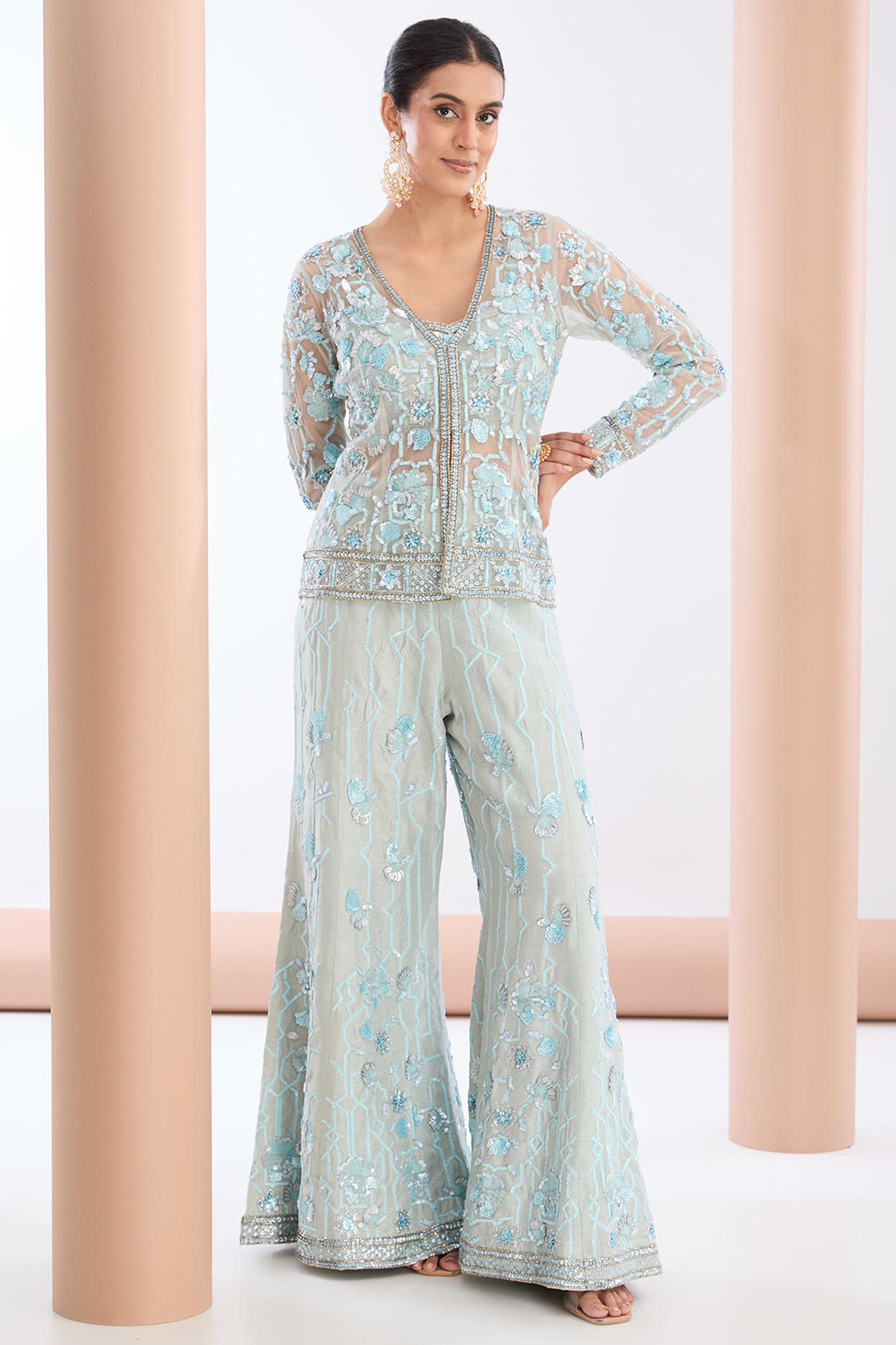 Powder Blue Tulle Net & Raw Silk Hand Embroidered Jacket Set by OPUS ATELIER at Pernia's Pop Up Shop