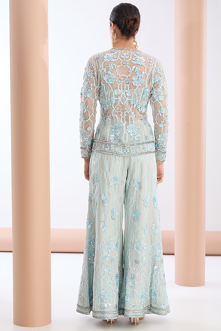 Powder Blue Tulle Net & Raw Silk Hand Embroidered Jacket Set by OPUS ATELIER at Pernia's Pop Up Shop