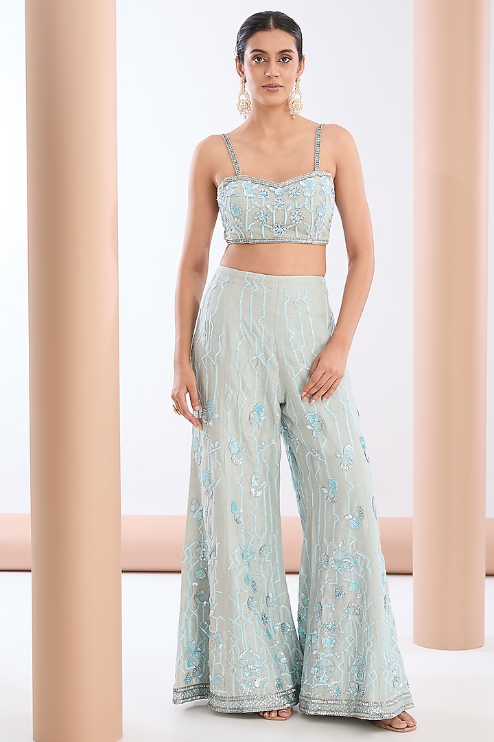 Powder Blue Tulle Net & Raw Silk Hand Embroidered Jacket Set by OPUS ATELIER at Pernia's Pop Up Shop