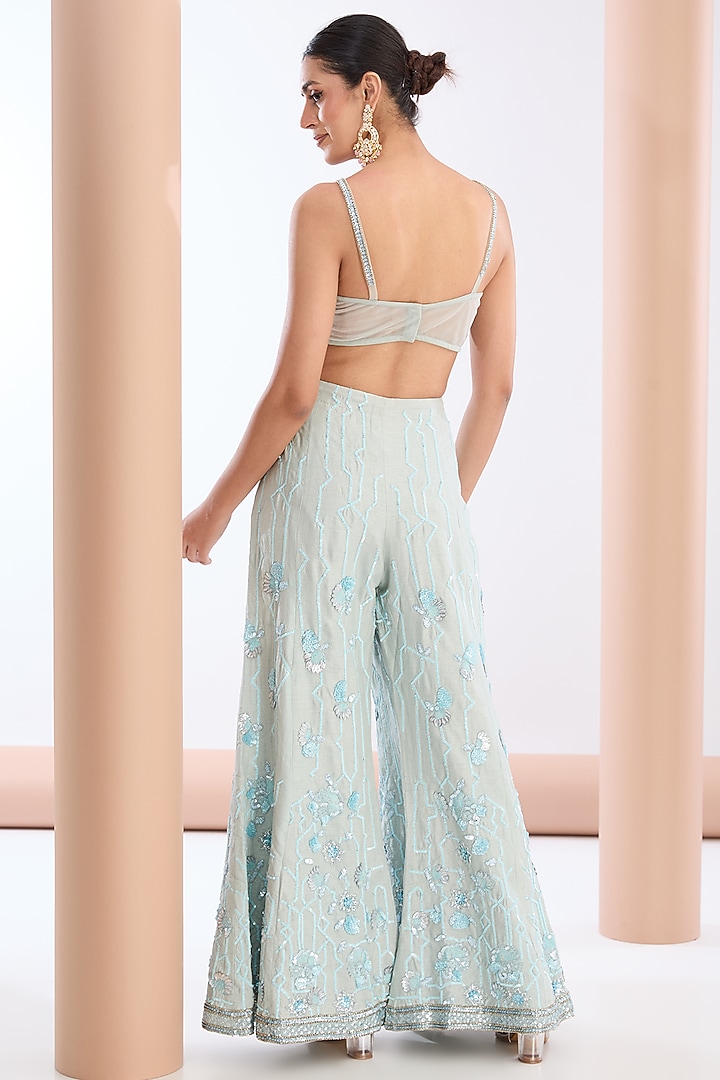 Powder Blue Tulle Net & Raw Silk Hand Embroidered Jacket Set by OPUS ATELIER at Pernia's Pop Up Shop