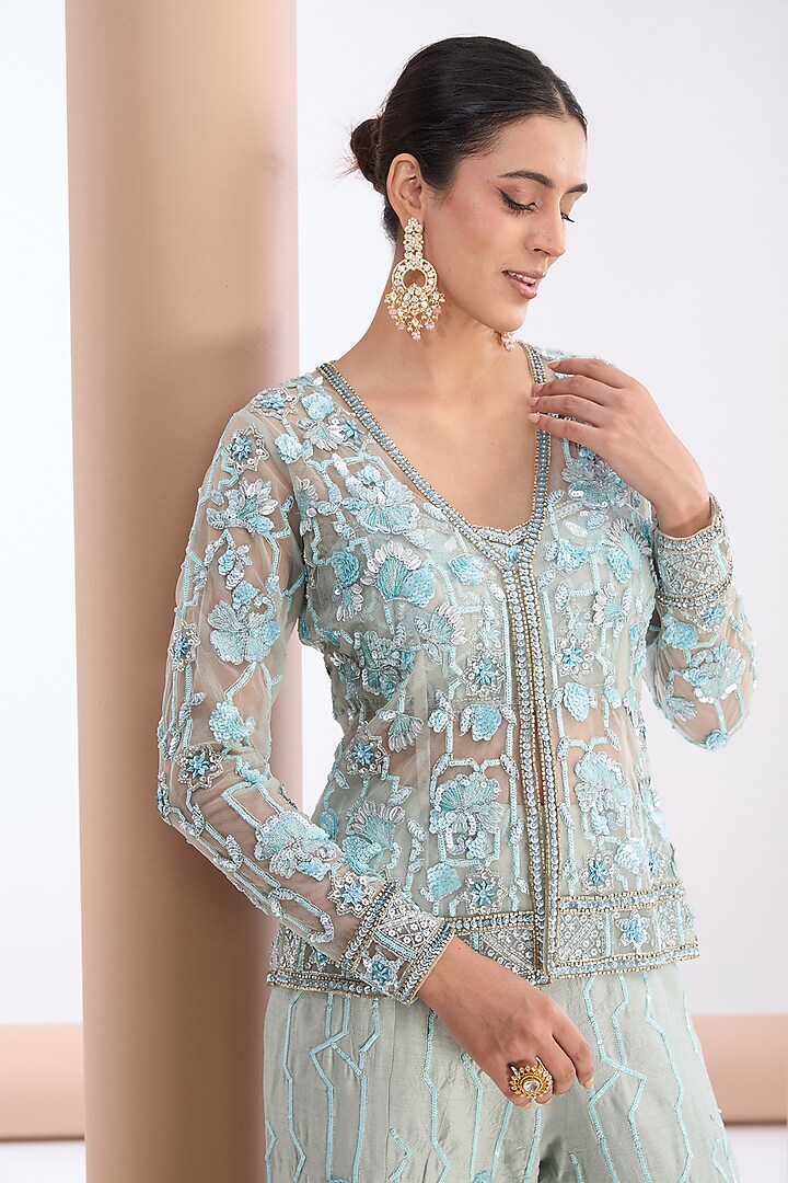Powder Blue Tulle Net & Raw Silk Hand Embroidered Jacket Set by OPUS ATELIER at Pernia's Pop Up Shop