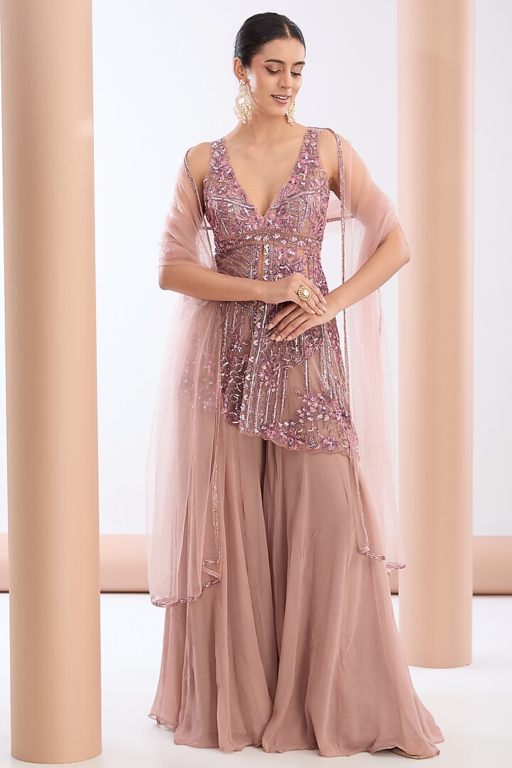 Deep Pink Net & Georgette Wedding Sharara Set by OPUS ATELIER at Pernia's Pop Up Shop