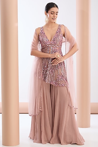 Deep Pink Net & Georgette Sharara Set by OPUS ATELIER