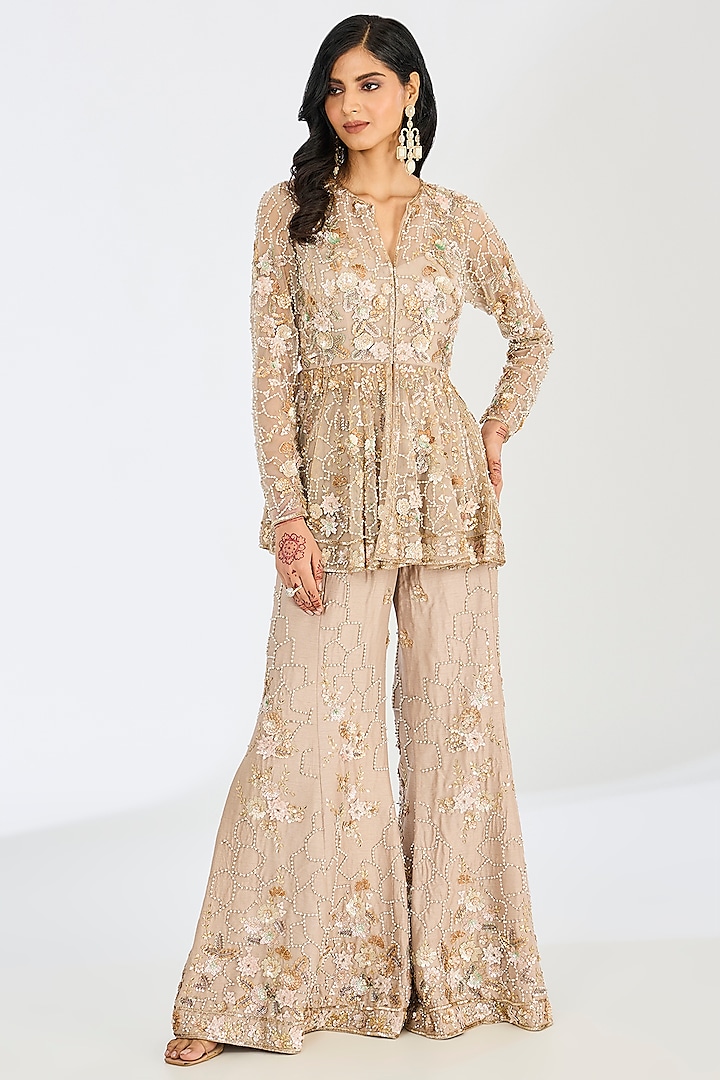 Grey Tulle Net Embroidered Sharara Set by OPUS ATELIER at Pernia's Pop Up Shop