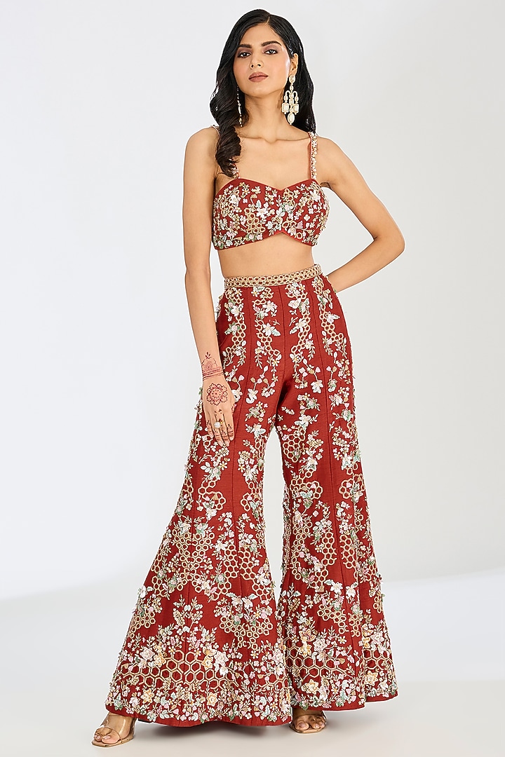 Burnt Orange Tulle Net Embroidered Bridal Sharara Set by OPUS ATELIER at Pernia's Pop Up Shop