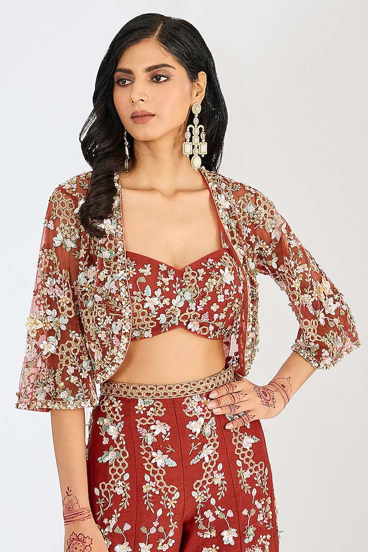 Burnt Orange Tulle Net Embroidered Bridal Sharara Set by OPUS ATELIER at Pernia's Pop Up Shop