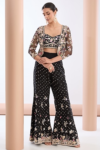 Black Tulle Net & Raw Silk Hand Embroidered Jacket Set by OPUS ATELIER