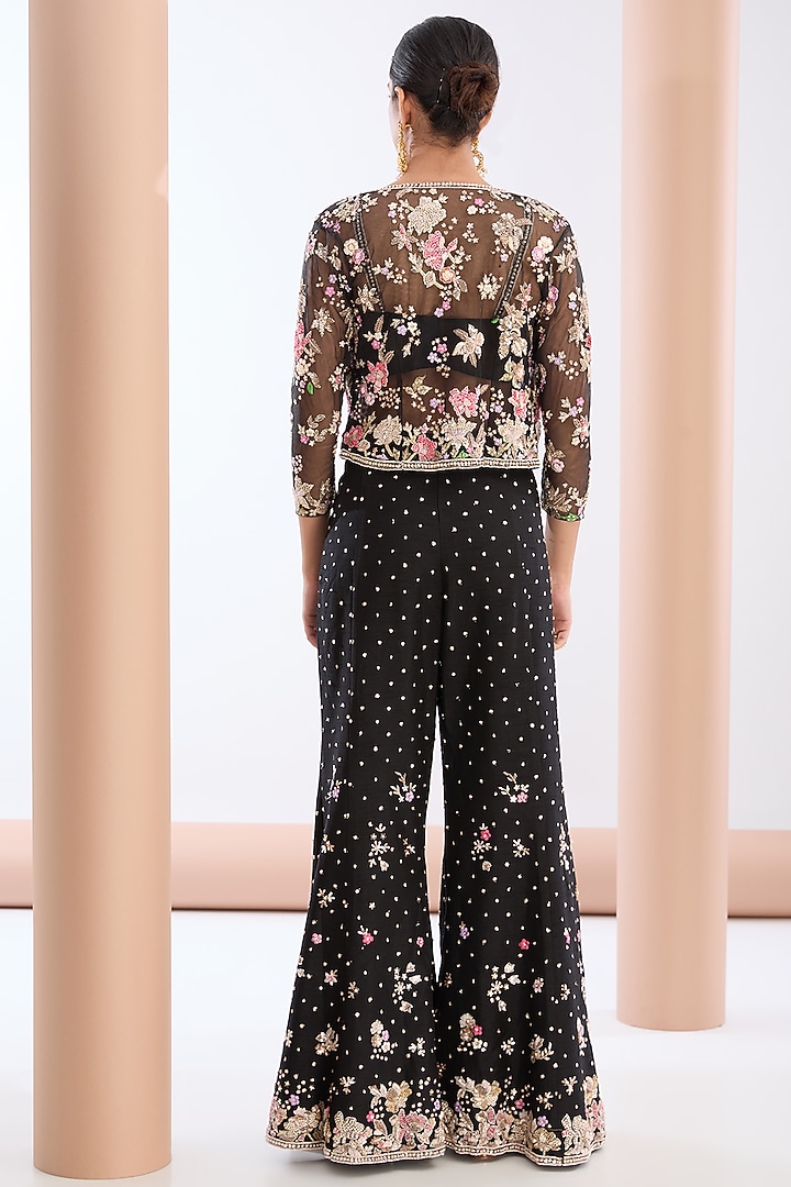 Black Tulle Net & Raw Silk Hand Embroidered Jacket Set by OPUS ATELIER at Pernia's Pop Up Shop