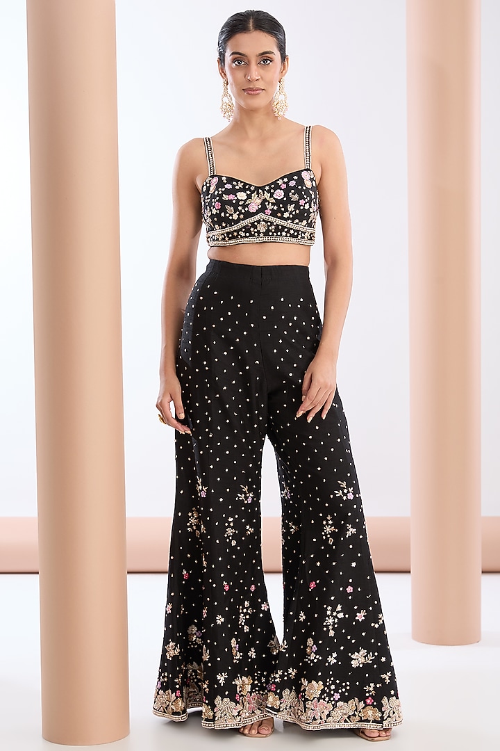Black Tulle Net & Raw Silk Hand Embroidered Jacket Set by OPUS ATELIER at Pernia's Pop Up Shop
