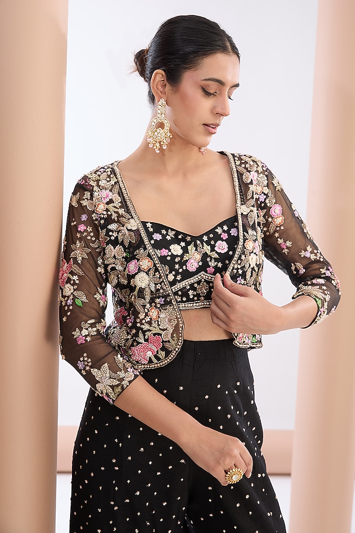 Black Tulle Net & Raw Silk Hand Embroidered Jacket Set by OPUS ATELIER at Pernia's Pop Up Shop