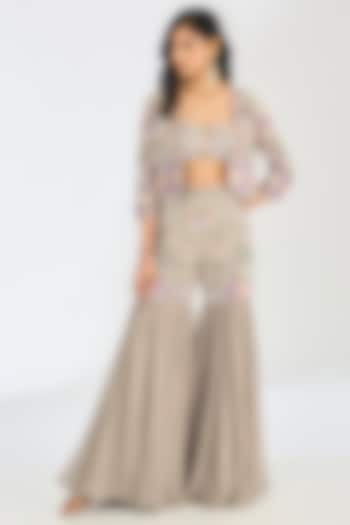 Light Olive Green Tulle Net Embroidered Gharara Set by OPUS ATELIER at Pernia's Pop Up Shop