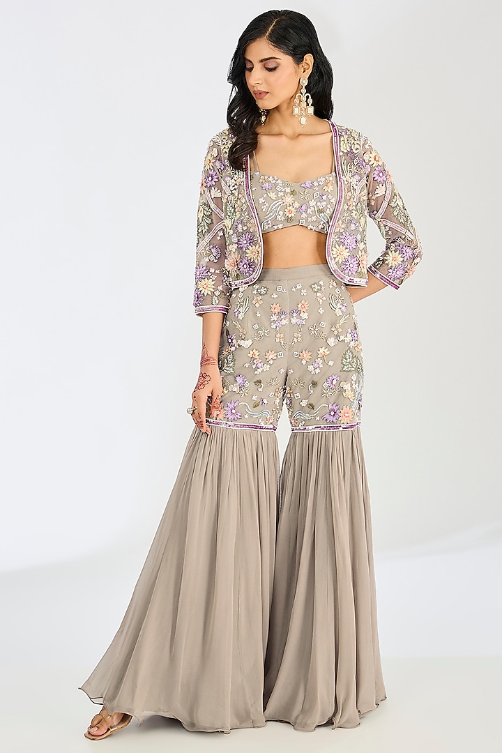 Light Olive Green Tulle Net Embroidered Gharara Set by OPUS ATELIER at Pernia's Pop Up Shop