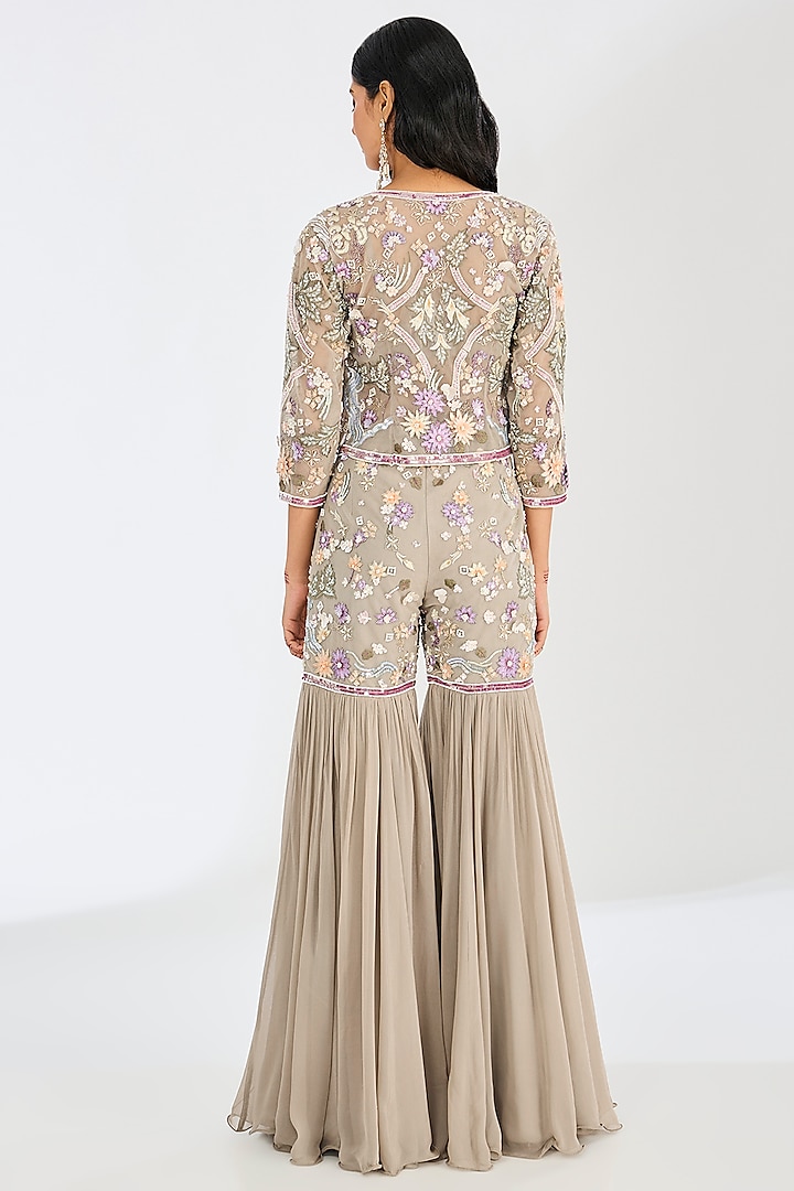 Light Olive Green Tulle Net Embroidered Gharara Set by OPUS ATELIER at Pernia's Pop Up Shop