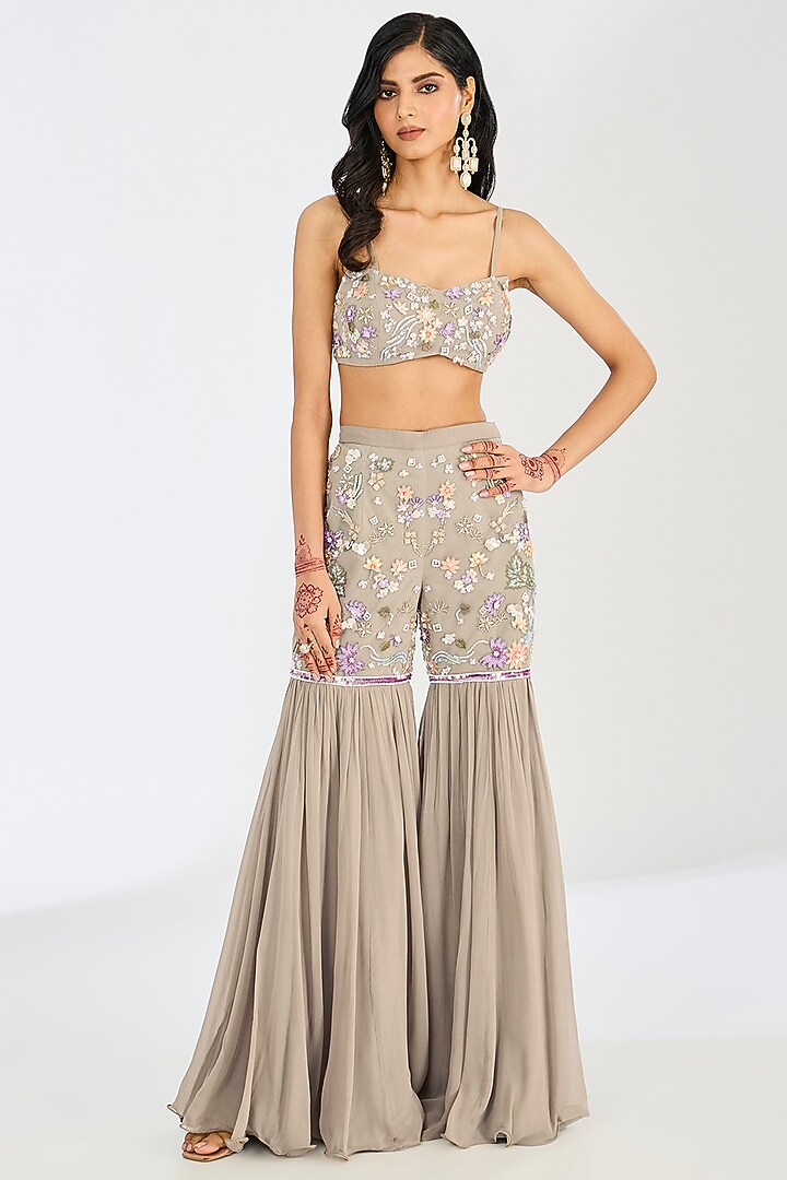 Light Olive Green Tulle Net Embroidered Gharara Set by OPUS ATELIER at Pernia's Pop Up Shop