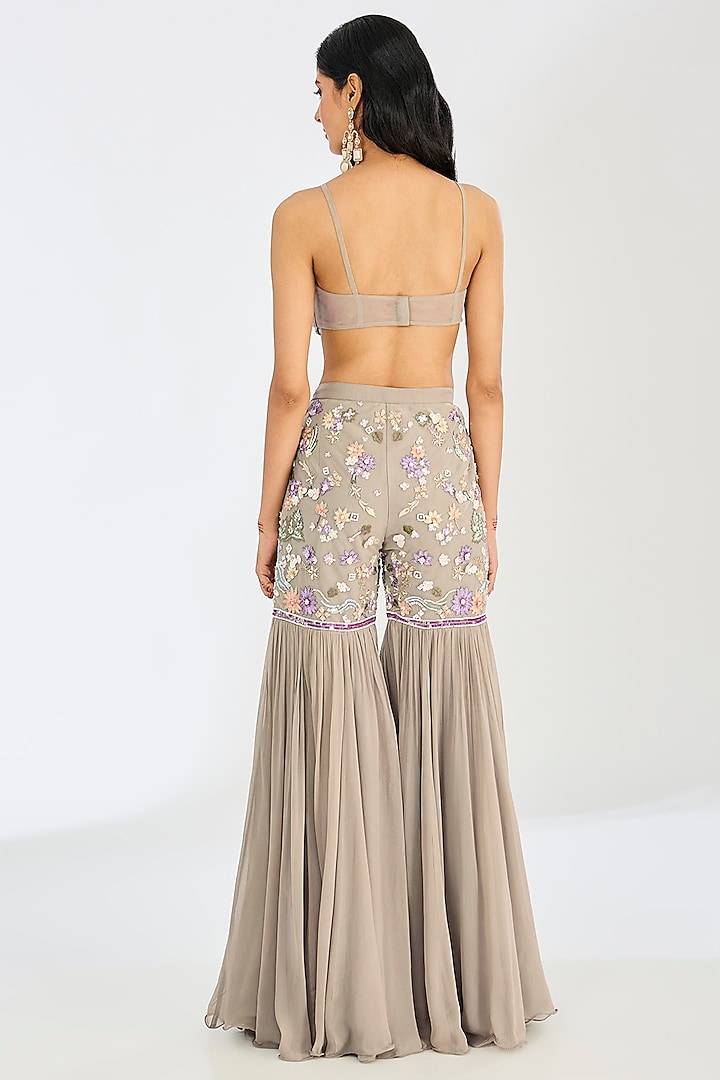 Light Olive Green Tulle Net Embroidered Gharara Set by OPUS ATELIER at Pernia's Pop Up Shop