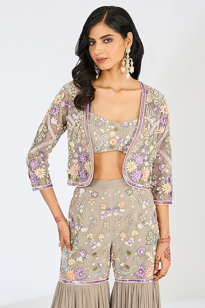 Light Olive Green Tulle Net Embroidered Gharara Set by OPUS ATELIER at Pernia's Pop Up Shop
