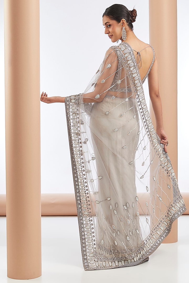 Grey Tulle Net & Crepe Pearl Hand Embroidered Reception Saree Set by OPUS ATELIER at Pernia's Pop Up Shop