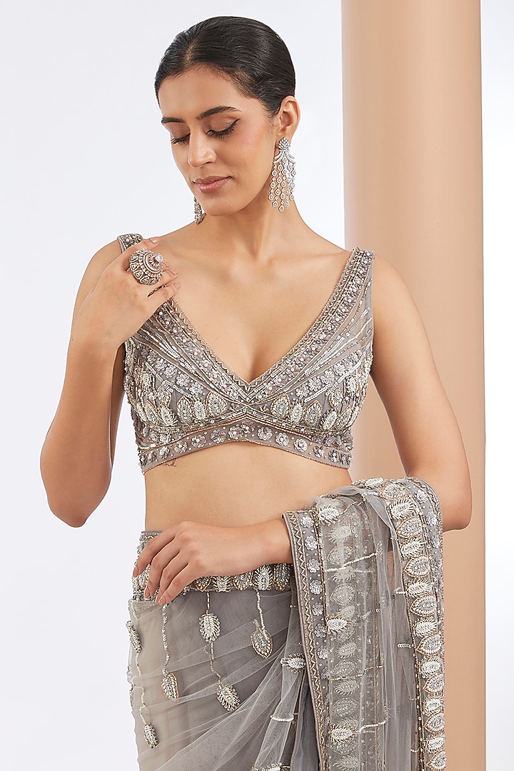 Grey Tulle Net & Crepe Pearl Hand Embroidered Reception Saree Set by OPUS ATELIER at Pernia's Pop Up Shop
