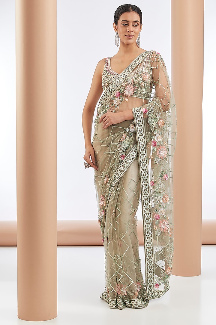 Green & Multi-Colored Tulle Net & Crepe Hand Embroidered Saree Set by OPUS ATELIER at Pernia's Pop Up Shop