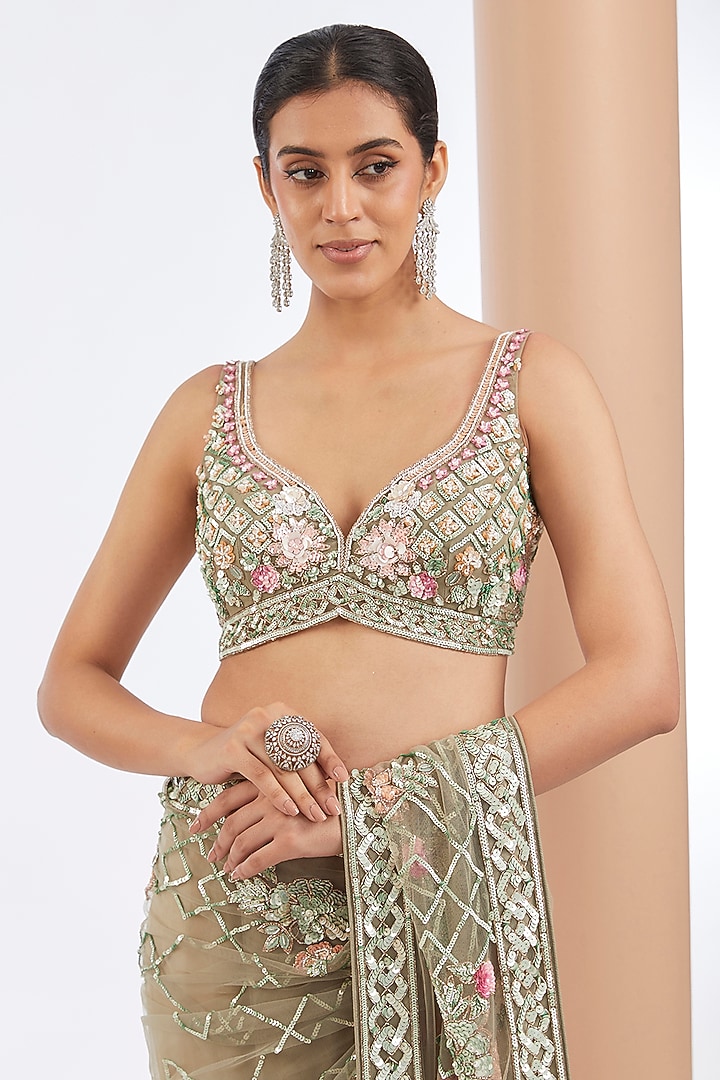 Green & Multi-Colored Tulle Net & Crepe Hand Embroidered Wedding Saree Set by OPUS ATELIER at Pernia's Pop Up Shop