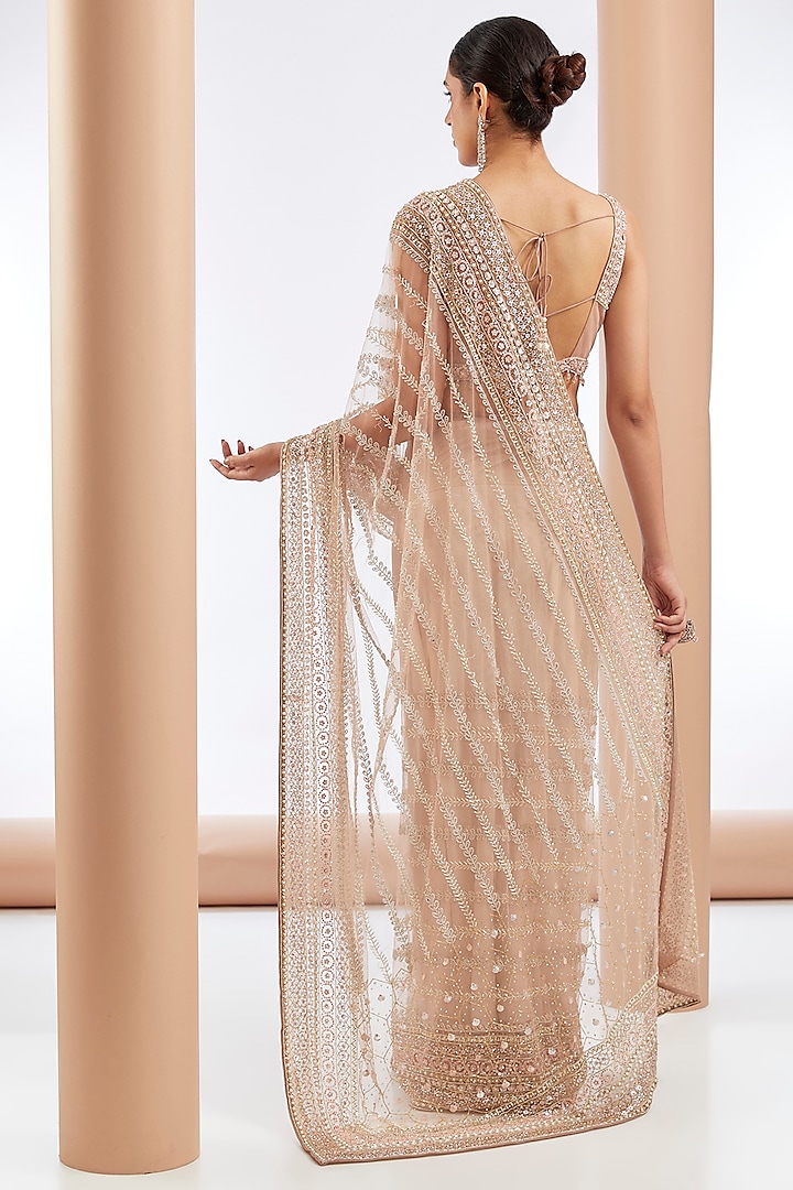 Peach Tulle Net & Crepe Hand Embroidered Reception Saree Set by OPUS ATELIER at Pernia's Pop Up Shop