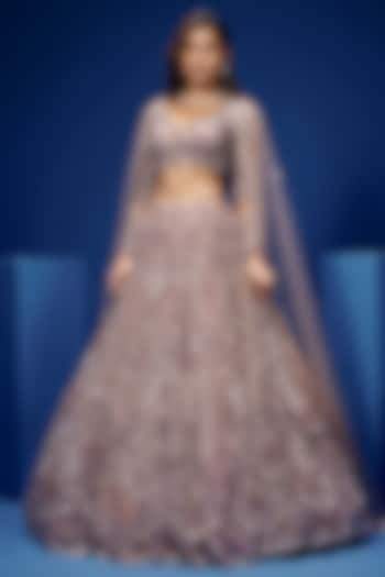 Burgundy & Silver Tulle Hand Embroidered Bridal lehenga for 22 Lehenga Set by OPUS ATELIER at Pernia's Pop Up Shop