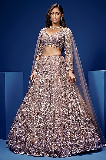 Burgundy & Silver Tulle Hand Embroidered Bridal Lehenga Set by OPUS ATELIER at Pernia's Pop Up Shop