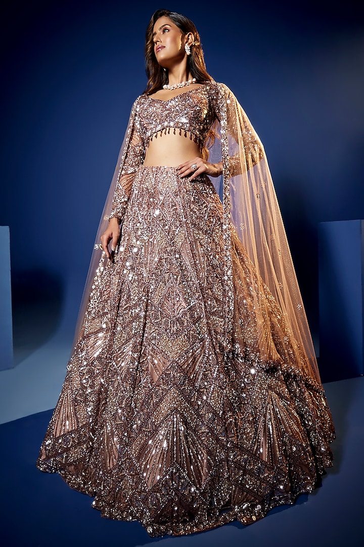 Burgundy & Silver Tulle Hand Embroidered Bridal Lehenga Set by OPUS ATELIER at Pernia's Pop Up Shop